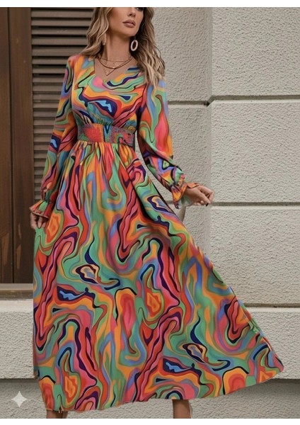 Kadın Uzun Kollu V Yakalı Desenli Maxi Süprem Elbise modelleri
