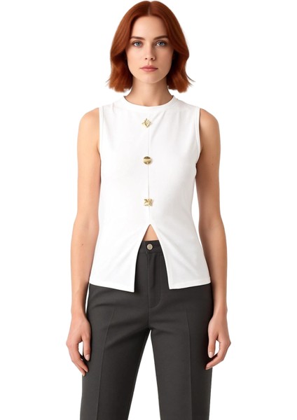 100 Polyester Scuba Krep Kadın Yazlık Örme Yelek Bisiklet Yaka Regular Günlük Kullanım Için