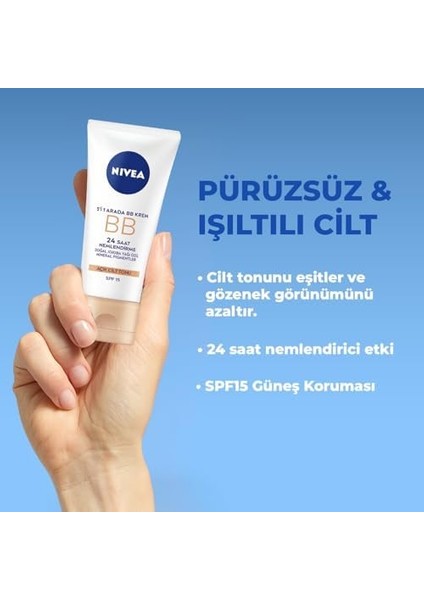 Nıvea Essentials 5'i 1 Arada Bb Krem, 24 Saat Nemlendirme+Doğal Jojoba Yağı Özü +Açık Cilt Tonu 50 Ml, Spf 15 Güneş Koruması
