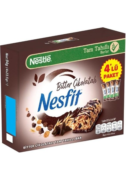 Nestlé Nesfit Bitter Çikolatalı Tam Tahıllı Bar 4’lü Paket, 4X23.5 gr