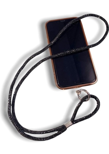 Psr Aksesuar Siyah Taşlı Janjanlı Tam Tur Telefon Boyun Askısı Siyah ile Uyumlu