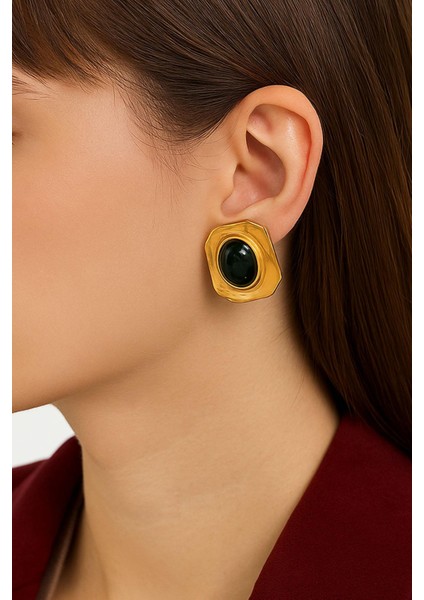 Gold Detaylı Renkli Taşlı Kare Çelik Vintage Küpe