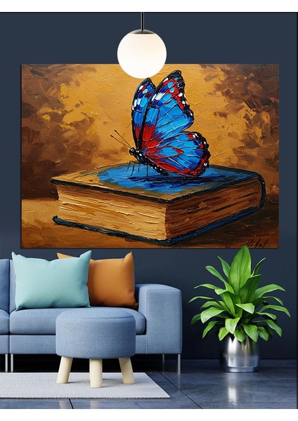 Mavi Kelebek Kitap Üstünde Dekoratif Kanvas - Mdf Ahşap Tablo
