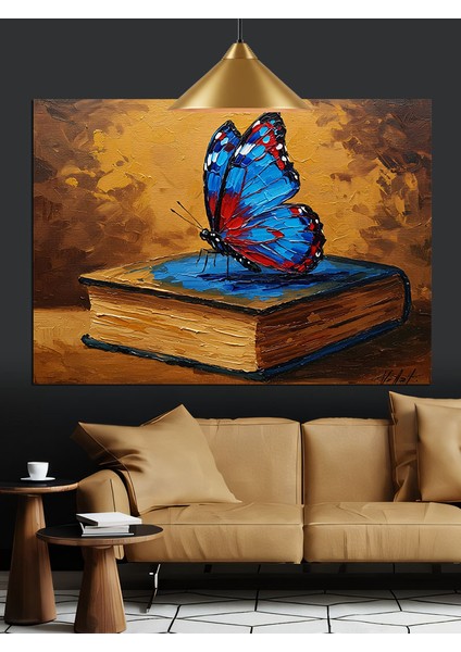 Mavi Kelebek Kitap Üstünde Dekoratif Kanvas - Mdf Ahşap Tablo fiyatları
