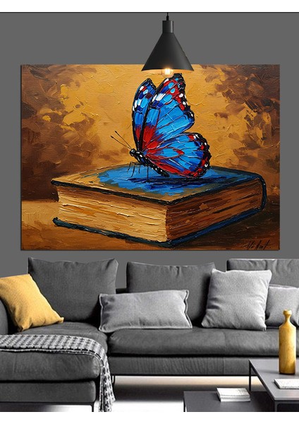 Mavi Kelebek Kitap Üstünde Dekoratif Kanvas - Mdf Ahşap Tablo modelleri