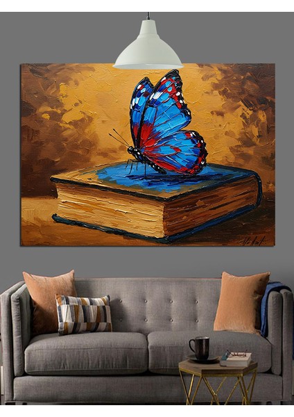 Mavi Kelebek Kitap Üstünde Dekoratif Kanvas - Mdf Ahşap Tablo fırsatları