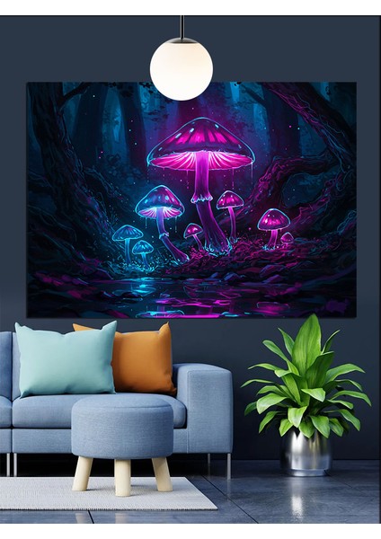 Mantar Ormanı Büyülü Gece Dekoratif Kanvas - Mdf Ahşap Tablo