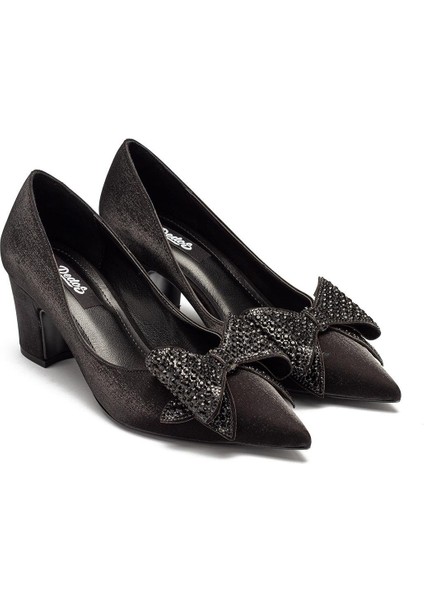 Kadın Kalın Topuklu Taşlı Fiyonklu Simli Saten Ayakkabı 5015