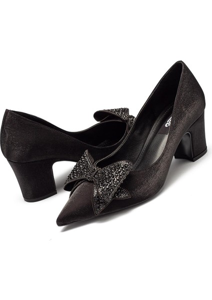 Kadın Kalın Topuklu Taşlı Fiyonklu Simli Saten Ayakkabı 5015 modelleri