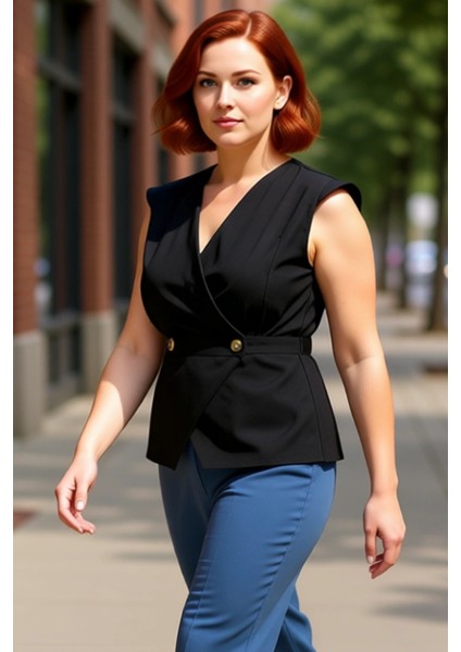 Kadın V Yaka Kruvaze Detaylı Kolsuz Pamuk Bluz Kaliteli Şık Rahat Modern Zarif Günlük