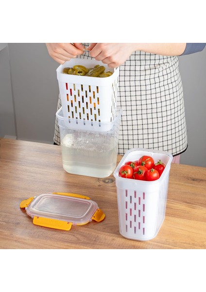 1047 2&apos;li Sarı Kilitli Kapaklı Süzgeçli Turşuluk Zeytinlik Çok Amaçlı Dikdörtgen Saklama Kabı 2 L