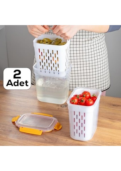 1047 2&apos;li Sarı Kilitli Kapaklı Süzgeçli Turşuluk Zeytinlik Çok Amaçlı Dikdörtgen Saklama Kabı 2 L modelleri