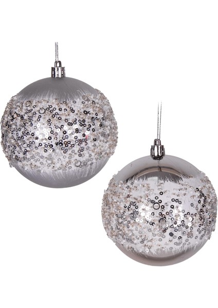 Yılbaşı Topu Beyaz Boncuk ve Halka Desenli 2&apos;li Paket Gümüş 10 Cm.