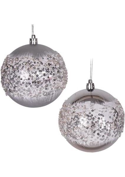 Yılbaşı Topu Beyaz Boncuk ve Halka Desenli 2&apos;li Paket Gümüş 10 Cm. modelleri