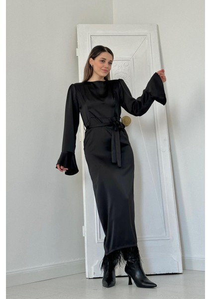 Zarif Siyah Fit & Düz Tüy Detaylı Elbise fiyatları