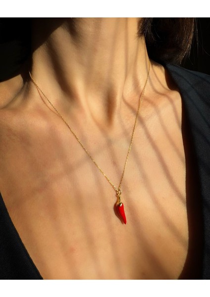 Çelik Zincirli Kırmızı Biber Kolye Şans Kolye