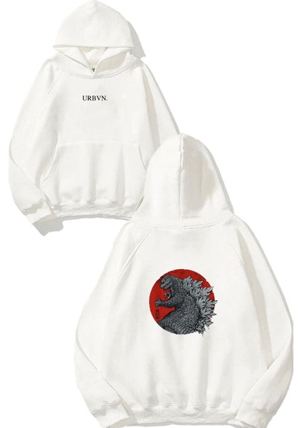 Dinazor Tasarım Baskılı Oversize Beyaz Kapüşonlu Sweatshirt