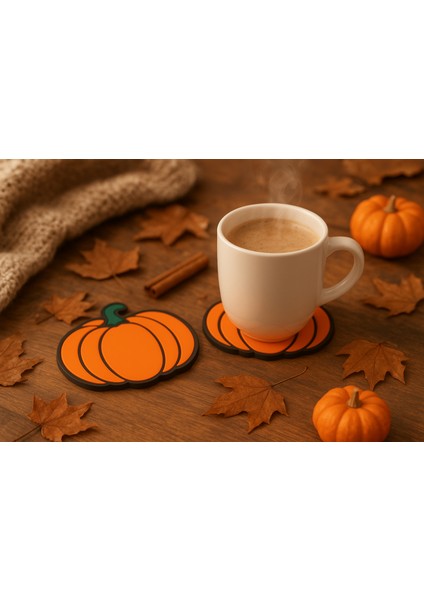 Balkabağı Cadılar Bayramı Tasarımlı Bardak Altlığı – Halloween Sonbahar Temalı Dekoratif (2’li Set)
