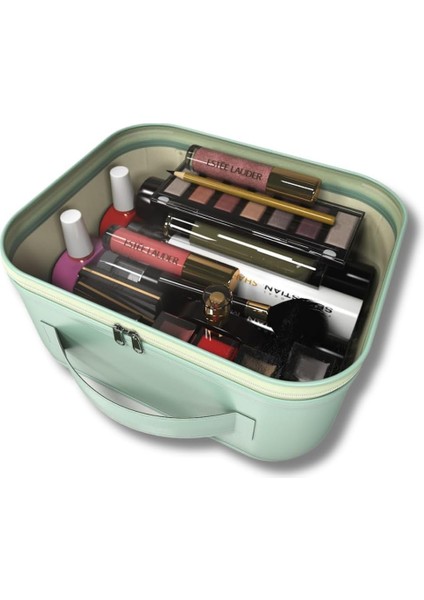 Figiza Makyaj Çantası Kozmetik Düzenleyici Seyahat Tipi Deri Görünümlü Şeffaf Organizer (24 * 18 * 11 Cm) (Yeşil) fiyatları