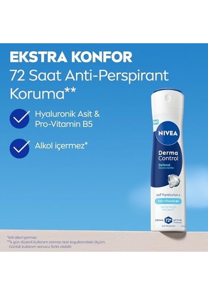 Nıvea Kadın Sprey Deodorant Derma Control Defend 150 Ml, Tahrişe Karşı Koruma,72 Saat Anti Perspirant Koruma,alkolsüz,çiçeksi Koku,hyaluronik Asit, Pro Vitamin B5