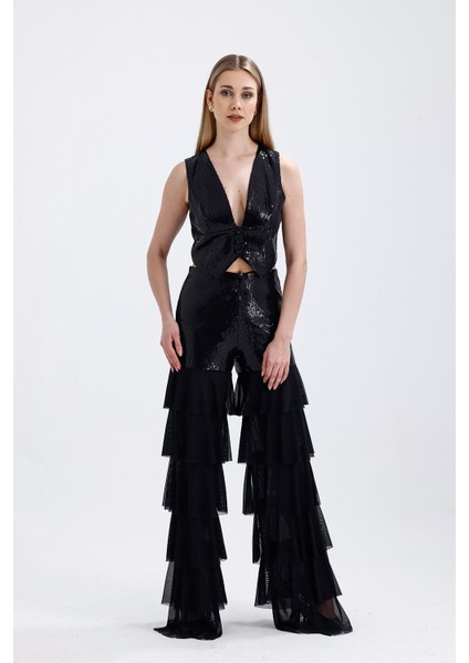 Asatrlı Siyah Işıltılı Pul Işlemeli Kat Kat Volanlı Siyah Kadın Pantolon | PNT36073