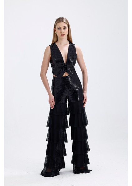 Asatrlı Siyah Işıltılı Pul Işlemeli Kat Kat Volanlı Siyah Kadın Pantolon | PNT36073 modelleri