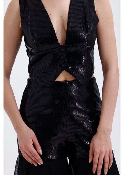 Asatrlı Siyah Işıltılı Pul Işlemeli Kat Kat Volanlı Siyah Kadın Pantolon | PNT36073 fırsatları