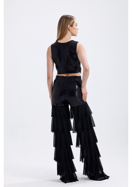 Asatrlı Siyah Işıltılı Pul Işlemeli Kat Kat Volanlı Siyah Kadın Pantolon | PNT36073 indirimleri