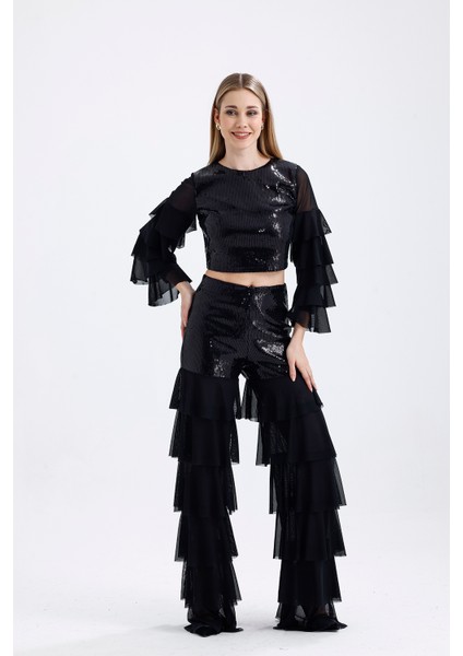 Asatrlı Siyah Işıltılı Pul Işlemeli Kat Kat Volanlı Siyah Kadın Pantolon | PNT36073