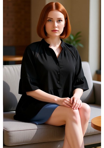 Kadın Plus Size V Yaka Kısa Kol Dokuma Peplum Gömlek Konforlu ve Zarif Seçim Kaliteli Şık Rahat fırsatları