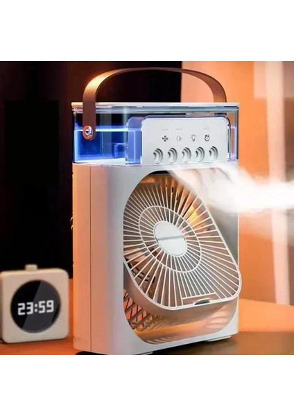 Mini Buharlı Hava Soğutucu, Taşınabilir Portatif Klima, Mobil Sulu Klima, 3 Rüzgar Hızı, 3 Sis Modu, Buzlu 5 Sprey Delikli ile Renkli LED Işıklı Beyaz Renk - HR025 (Beyaz)