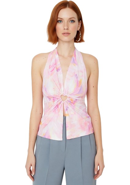 Moda V Yaka Örme Regular Soyut Desen Şık Gece Crop Kolsuz Bluz fiyatları