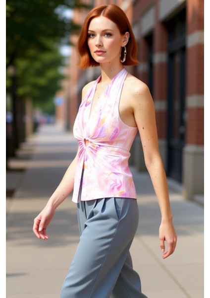 Moda V Yaka Örme Regular Soyut Desen Şık Gece Crop Kolsuz Bluz fırsatları