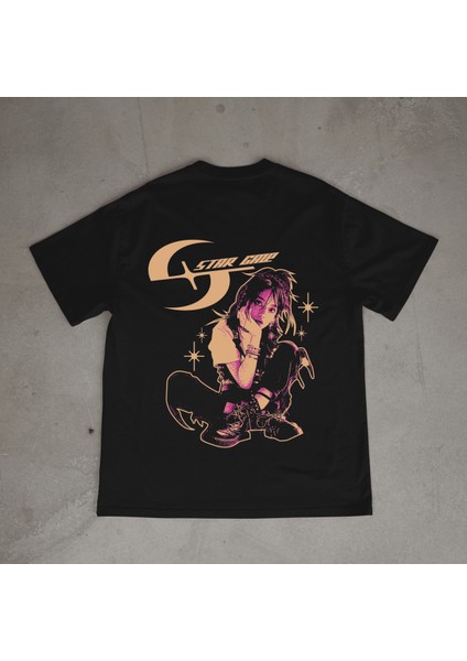 Stargaze Tasarım Baskılı Siyah Oversize T-Shirt