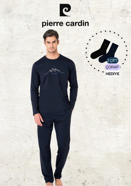 Erkek Giyim %100 Pamuk Uzun Kollu Lacivert Pijama Takımı (2 Adet Hediye Çorap) L1.PC.6101.001