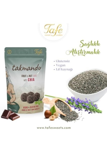 Tafe Takmandu Chia Tohumlu Glutensiz ve Vegan Bitter Çikolata Kaplı Hurma Topu Draje 100G modelleri