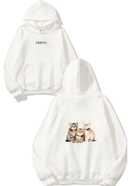 Kitty Tasarım Baskılı Oversize Beyaz Kapüşonlu Sweatshirt
