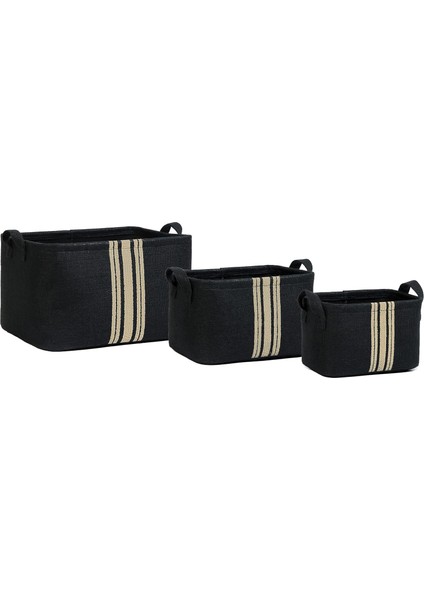 Textile 3'lü Çizgili Siyah Renk Jüt Sepet Set 24 x 17 x 14/30 x 21 x 18/42 x 31 x 25 cm