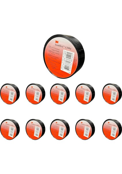 Temflex 1300E Elektrik Izolasyon Bandı Siyah – 10&apos;lu Paket | 18 mm x 9,15 M | Pvc Kablo Bandı | 600V Dayanıklı, Esnek ve Güçlü Yapışkanlı Elektrik Bandı