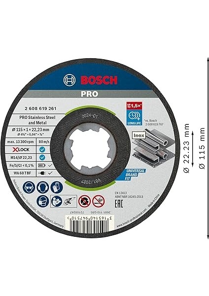 Professional 10 Adet Düz Kesme Diski Standart (Inox, X-Lock, Ø115 Mm, Delik Çapı: 22,23 Mm, Kalınlık: 1 Mm), Ø 115 mm modelleri