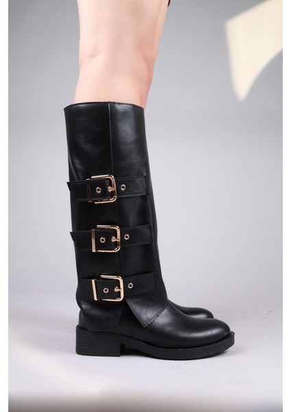 Balrog Gold Kemer Aksesuarlı Düz Çizme Siyah