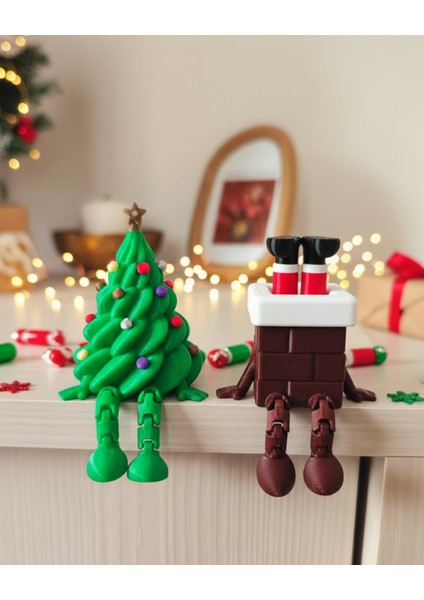 Oturan Yılbaşı Çam Ağacı Dekorlu ve Bacaya Sıkışmış Noel Baba Figür Seti | Eğlenceli Masa Dekoru Süs