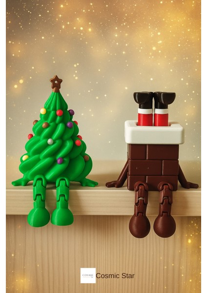 Oturan Yılbaşı Çam Ağacı Dekorlu ve Bacaya Sıkışmış Noel Baba Figür Seti | Eğlenceli Masa Dekoru Süs modelleri