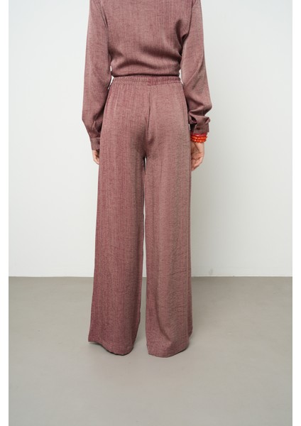 Kadın Bordo Renk Kırçıllı Bol Paça Rahat Kalıp Pantolon modelleri