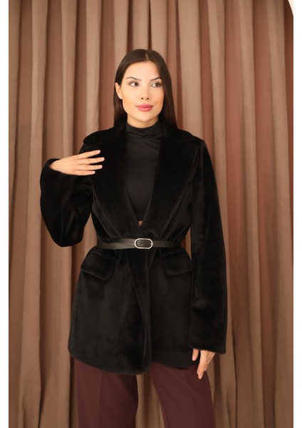 Kadın Siyah Kemerli Kürk Görünümlü Fox Kumaş Ceket Kaban