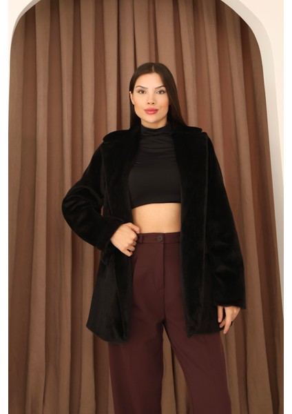 Kadın Siyah Kemerli Kürk Görünümlü Fox Kumaş Ceket Kaban fiyatları