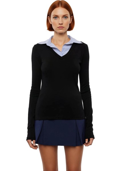 Kadın Bordo Polo Yaka Renk Bloklu Uzun Kollu Basic Siluet Smart Persona 100% Pamuk Kışlık Triko Üst modelleri