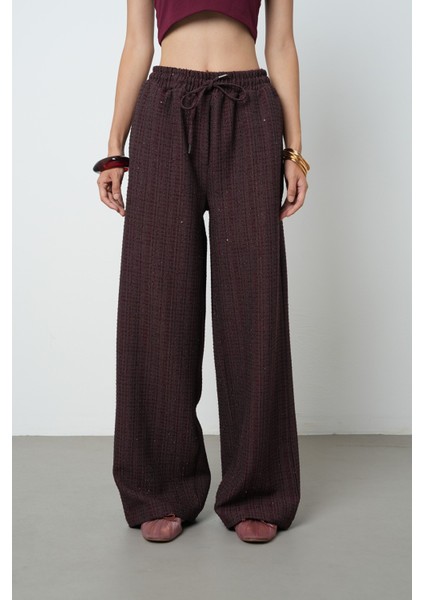 Kadın Simli Bol Paça Beli Lastikli Düz Renk Pantolon