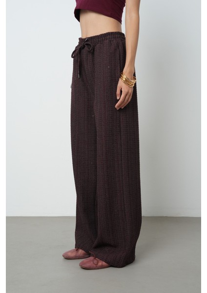 Kadın Simli Bol Paça Beli Lastikli Düz Renk Pantolon fiyatları