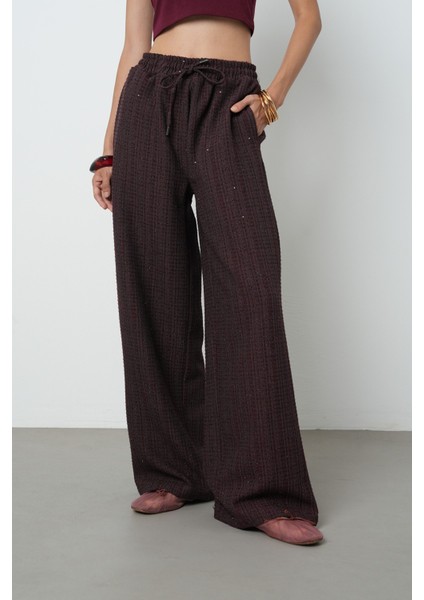 Kadın Simli Bol Paça Beli Lastikli Düz Renk Pantolon modelleri